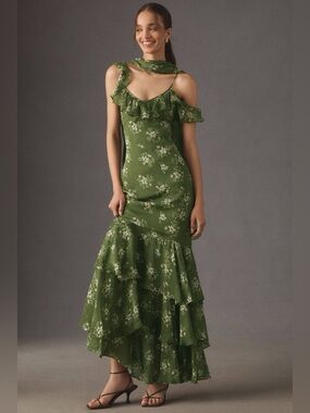 💫ANTHROPOLOGIE💫 BHLDN Jules Scarf Off-Shoulder Ruffled Chiffon Maxi Dress